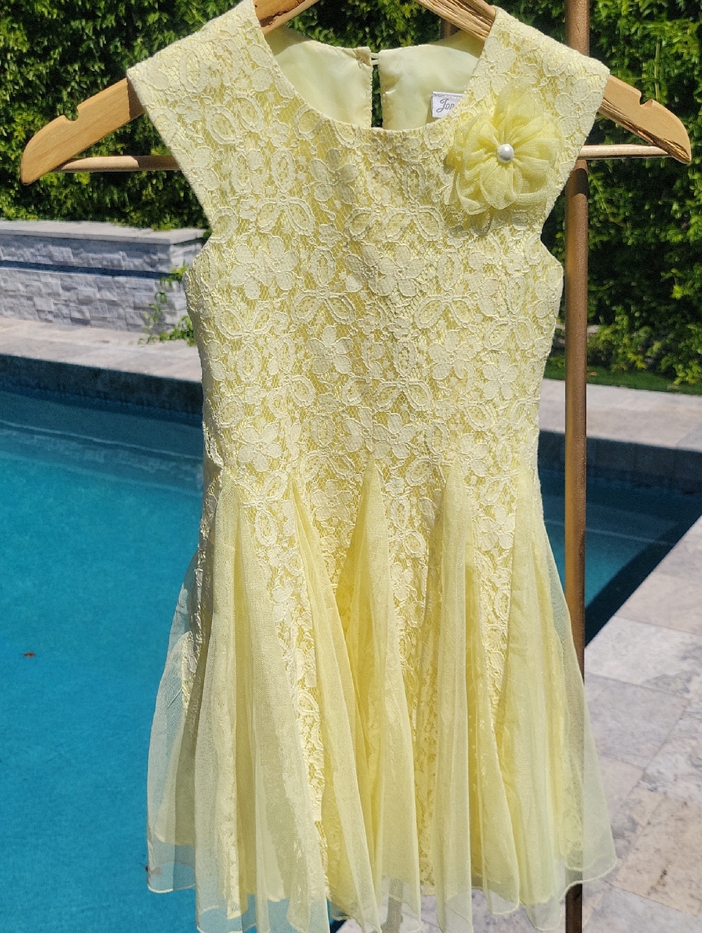 Yellow Lace And Tool Girls  Dress with Flower Accent 5